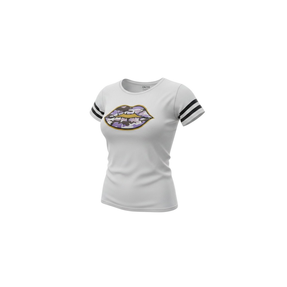 On Fire Graphic T-Shirt Womens Large White Camo Lips Striped Sleeve Tee